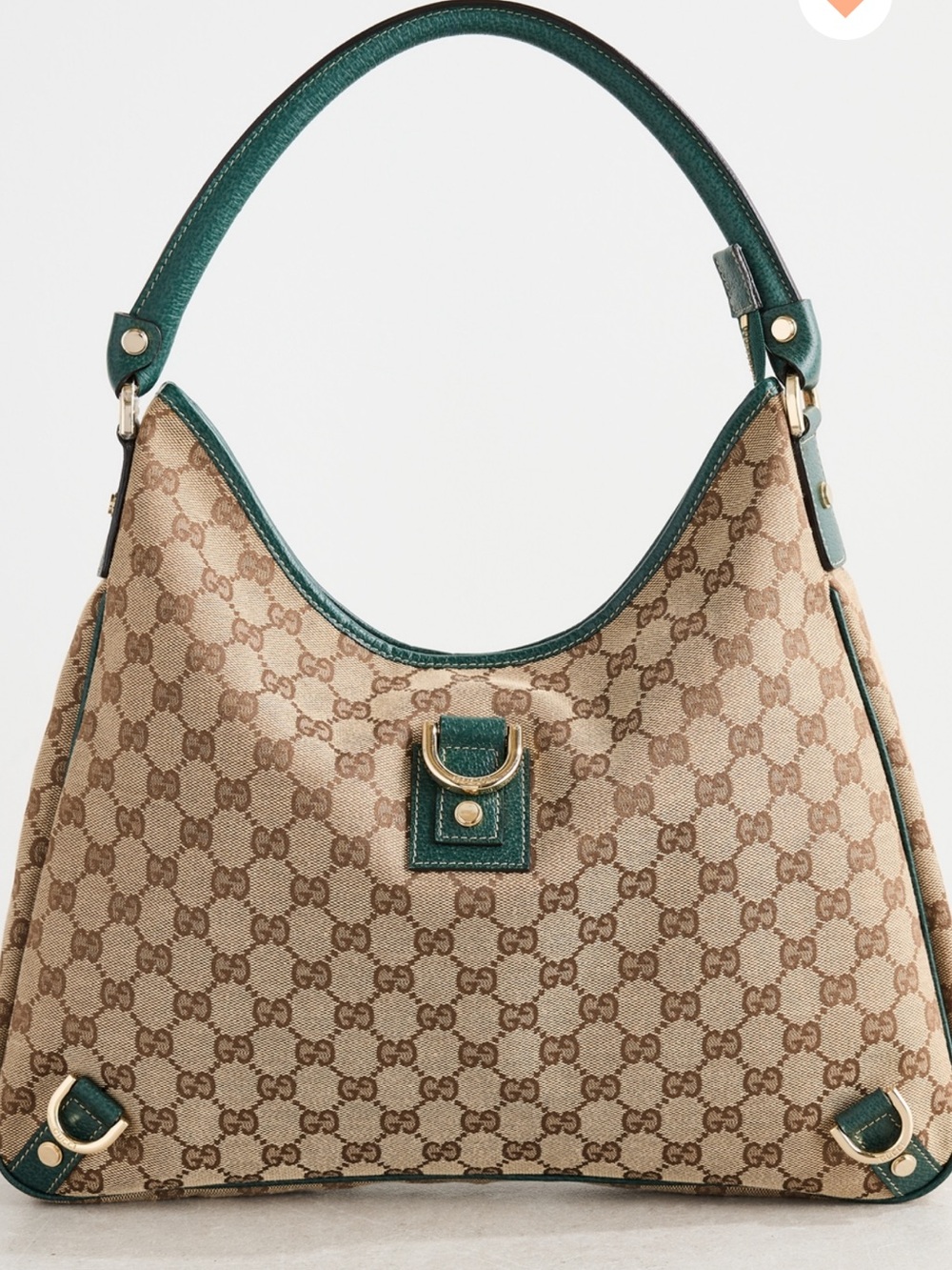 Vintage Gucci Beige Abbey GG Canvas Hobo Bag with Green Leather Trim